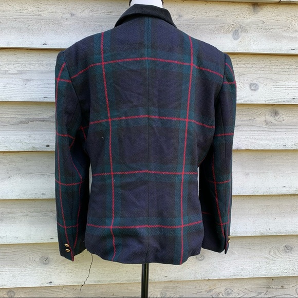 Vintage 80s Green Plaid Collared Velour V-Neck Button Down Long Sleeve Blazer - Picture 15 of 16